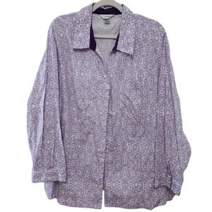 CJ Banks Purple and White Patterned Collared Button Front Top